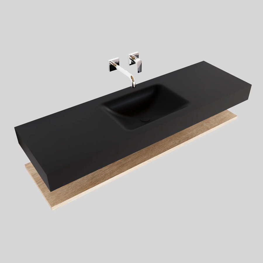 Badkamermeubel AQS Ibiza 150 cm met Washed Oak Planchet Solid Surface Wastafel Mat Zwart (acht varianten)