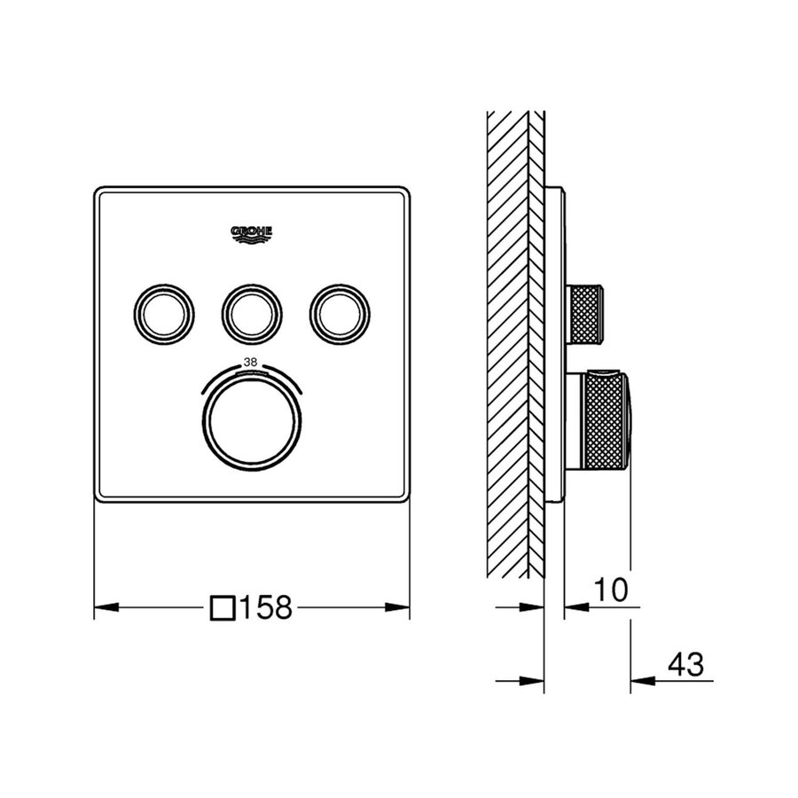 Inbouwkraan Grohe Grohtherm Smart Control Thermostaatkraan met 3-weg Omstelling Vierkant Hard Graphite Geborsteld