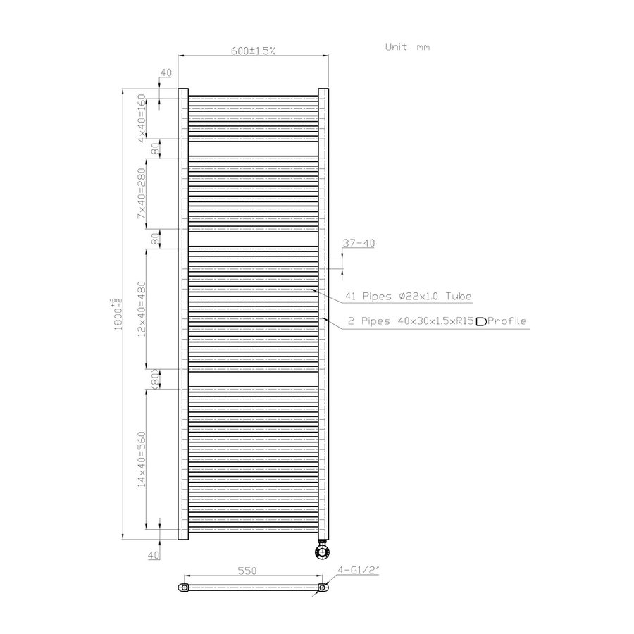 Elektrische Badkamer 1800x600mm radiator Best-Design Mat Zwart