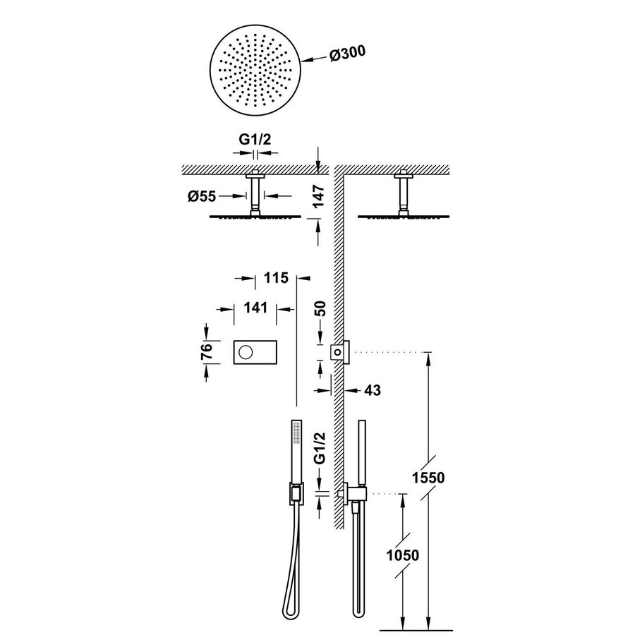 Regendoucheset Tres Shower Technology Inbouw Elektrische Thermostaat met Ronde Plafonduitloop Douchekop 30 cm Mat Zwart