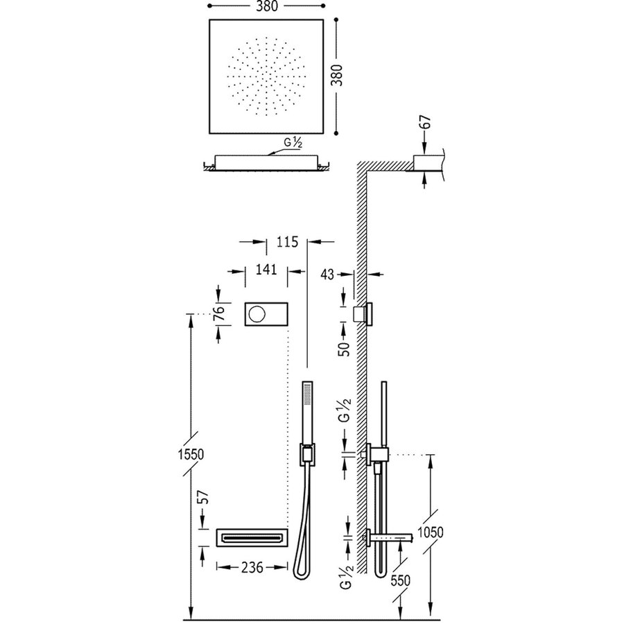 Badkraanset Tres Shower Technology Inbouw Elektrische Thermostaat met Waterval en Plafond Hoofddouche Handouche Mat Zwart