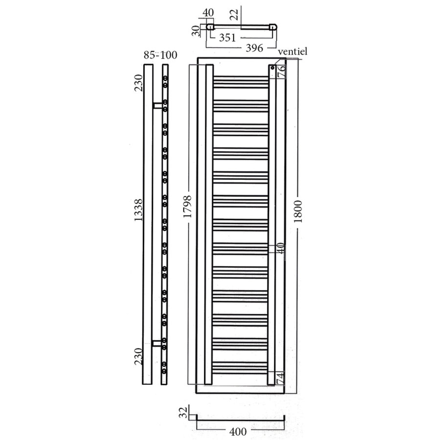 Designradiator Sanicare Square 1800 180x40 cm Mat Zwart