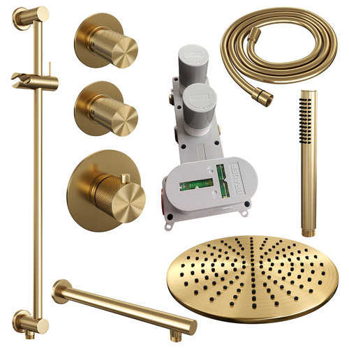 Regendoucheset Inbouw Brauer Gold Carving Thermostatisch 30cm met Wandarm, Glijstang en Handdouche Staaf Losse Stopkranen Geborsteld Goud 