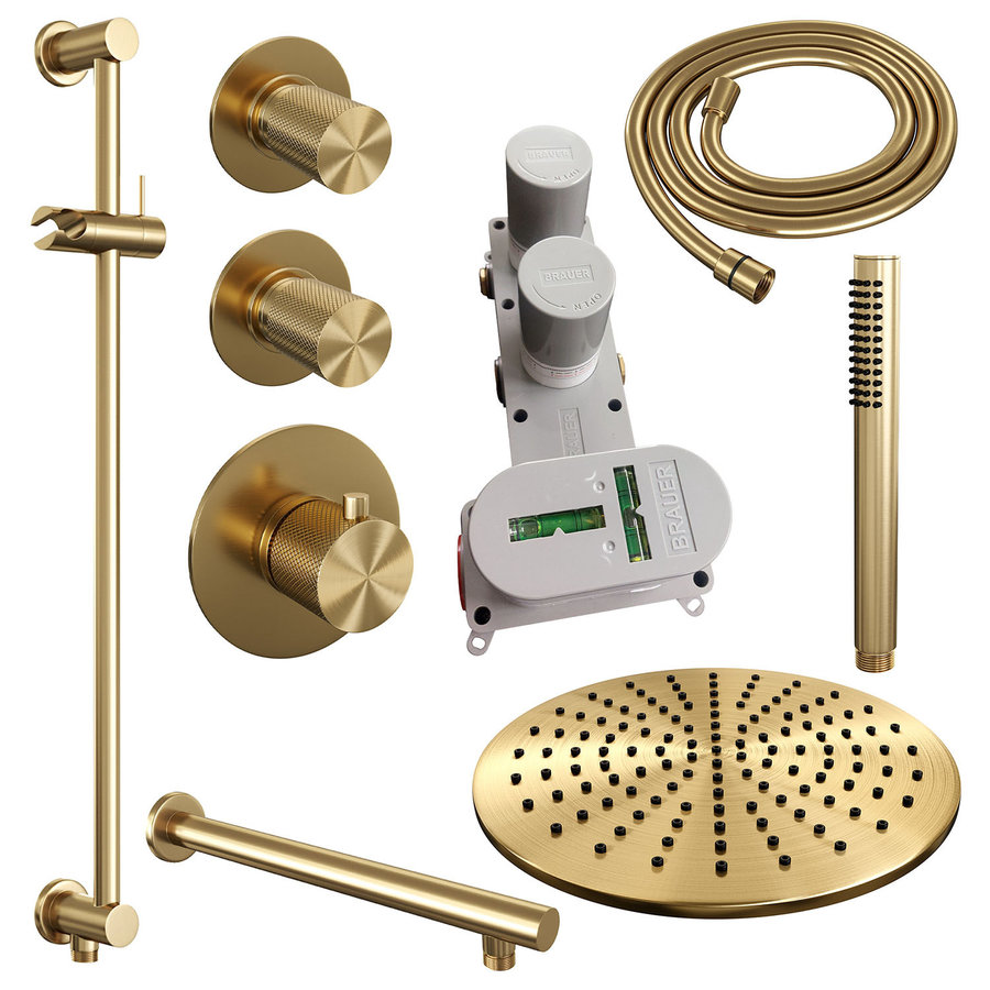 Regendoucheset Inbouw Brauer Gold Carving Thermostatisch 30cm met Wandarm, Glijstang en Handdouche Staaf Losse Stopkranen Geborsteld Goud