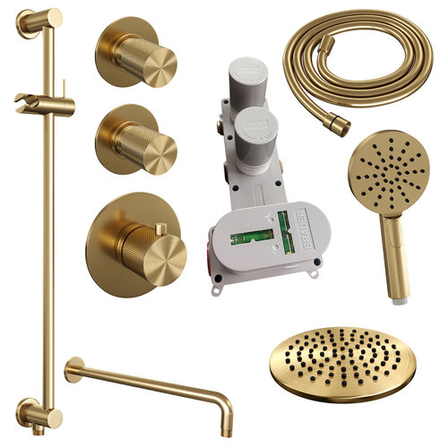 Regendoucheset Inbouw Brauer Gold Carving Thermostatisch 20cm met Gebogen Wandarm, Glijstang en Handdouche 3-Standen Losse Stopkranen Geborsteld Goud 