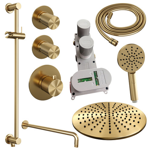 Regendoucheset Inbouw Brauer Gold Carving Thermostatisch 30cm met Gebogen Wandarm, Glijstang en Handdouche 3-Standen Geborsteld Goud 