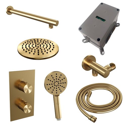 Regendoucheset Inbouw Brauer Gold Carving Thermostatisch 20cm met 3-Weg Omstelling, Wandarm en 3-Standen Handdouche Geborsteld Goud 