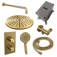 Regendoucheset Inbouw Brauer Gold Carving Thermostatisch 30cm met 3-Weg Omstelling, Gebogen Wandarm en 3-Standen Handdouche Geborsteld Goud