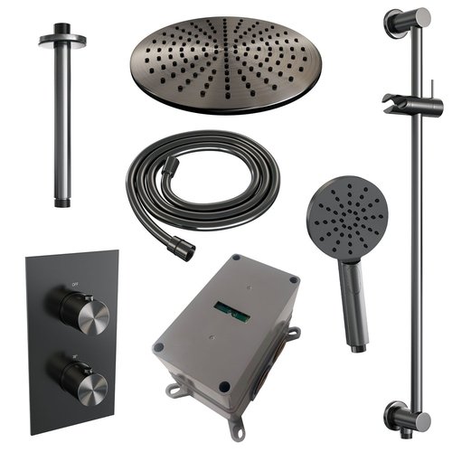 Regendoucheset Inbouw Brauer Gunmetal Edition Thermostatisch 30cm met 3-Weg Omstelling, Plafondarm, Glijstang en Handdouche 3-Standen Geborsteld Gunmetal 