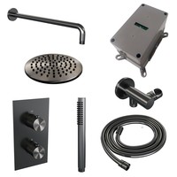 Regendoucheset Inbouw Brauer Gunmetal Carving Thermostatisch 20cm met 3-Weg Omstelling, Gebogen Wandarm en Staaf Handdouche Geborsteld Gunmetal