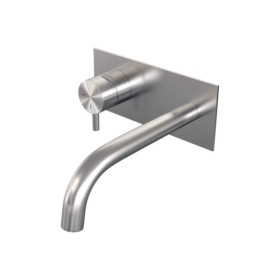 Inbouw Wastafelmengkraan Brauer Brushed Edition Coldstart Gebogen Uitloop Korte Ronde Hendel Links Geborsteld RVS PVD Met Afdekplaat