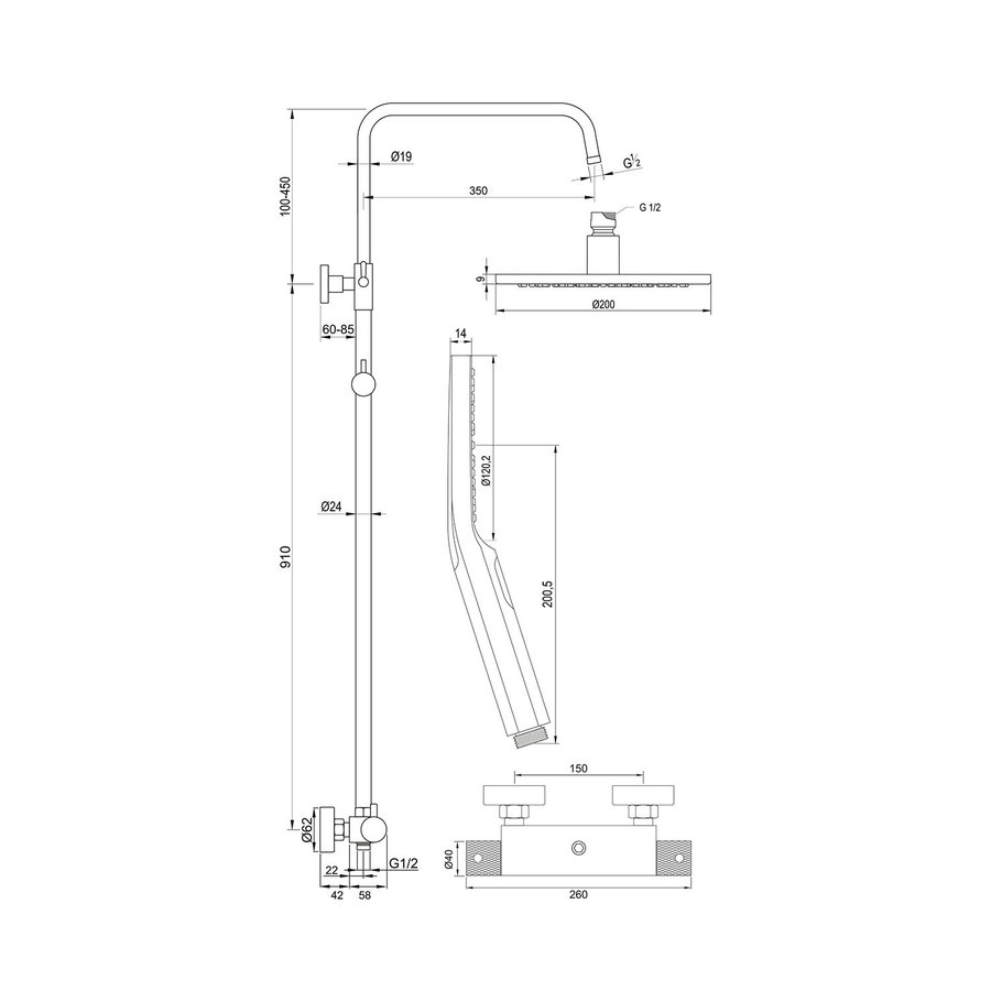 Regendoucheset Opbouw Brauer Black Carving 20 cm Thermostatisch met Handdouche 3-Standen Geborsteld Mat Zwart