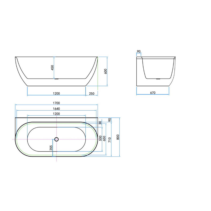 Ligbad Luca Sanitair Primo Acryl 170x80x60 cm Back To Wall Half Rond Glans Wit (inclusief afvoer en sifon)