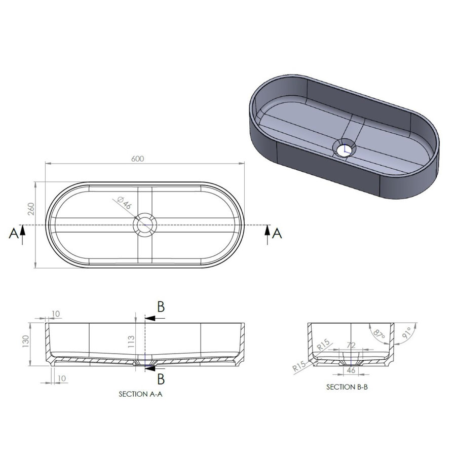 Opbouw Waskom Arcqua Case Ovaal 60x26 cm Mat Antraciet