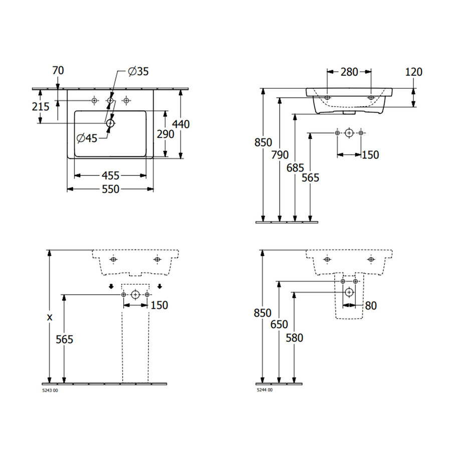 Wastafel Villeroy & Boch Subway 3.0 Met CeramicPlus Zonder Kraangat Zonder Overloop 55x44x16.5 cm Wit Alpin