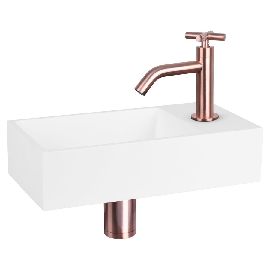 Fonteinset Differnz Solid Solid Surface 36x18.5x9 cm Wit Met Gebogen Kruis Kraan Rood Koper