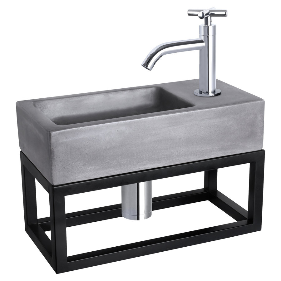 Fonteinset Differnz Ravo Beton en Handoekrek 38.5x18.5x9 cm Donker Grijs Met Gebogen Kruis Kraan Chroom
