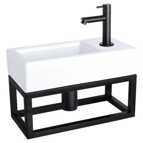 Fonteinset Differnz Helios Met Handoekrek 37.5x18.5x9.5 cm Keramiek Wit Met Rechte Kraan Rechts Mat Zwart 