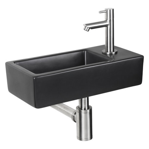 Fonteinset Differnz Hator 37.5x18.5x9 cm Keramiek Mat Zwart Met Recht Kraan Chroom 