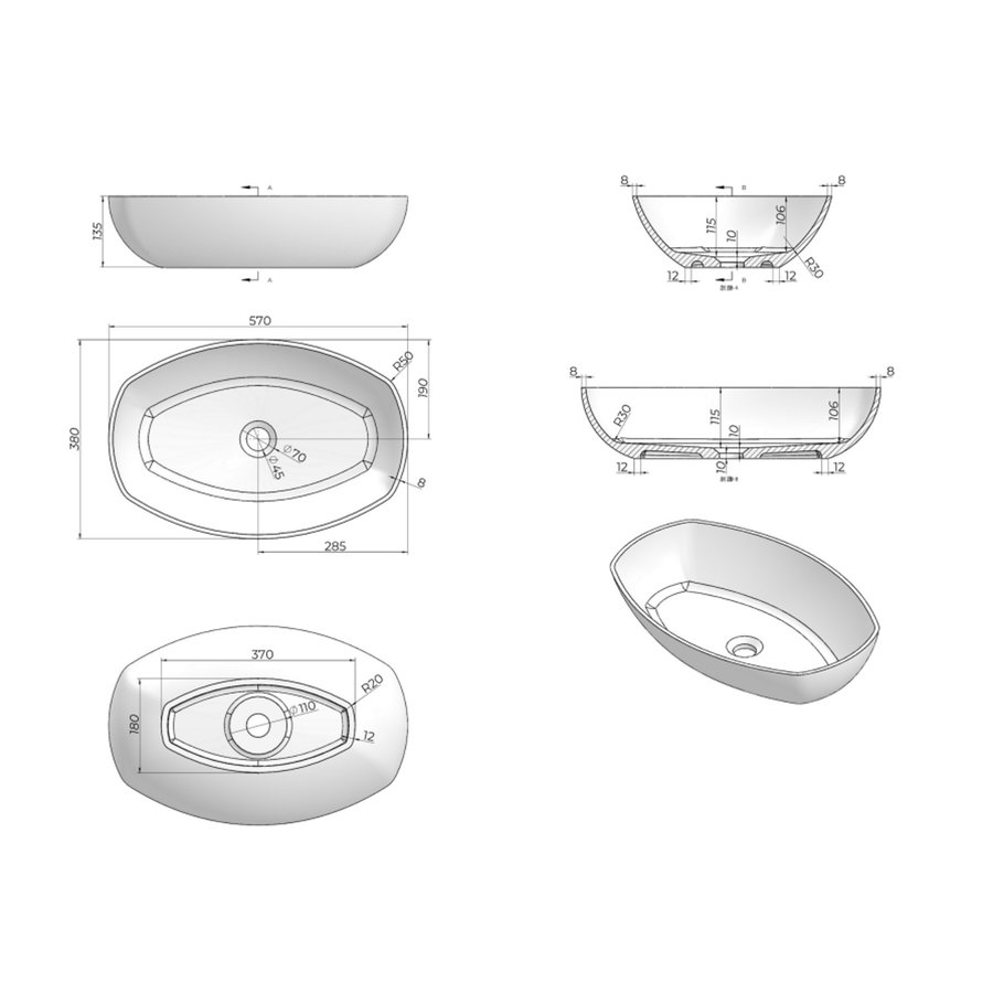 Opzetwastafel Luca Sanitair Danish Oval 57x38x13,5 Mineral Stone Glans wit OP=OP