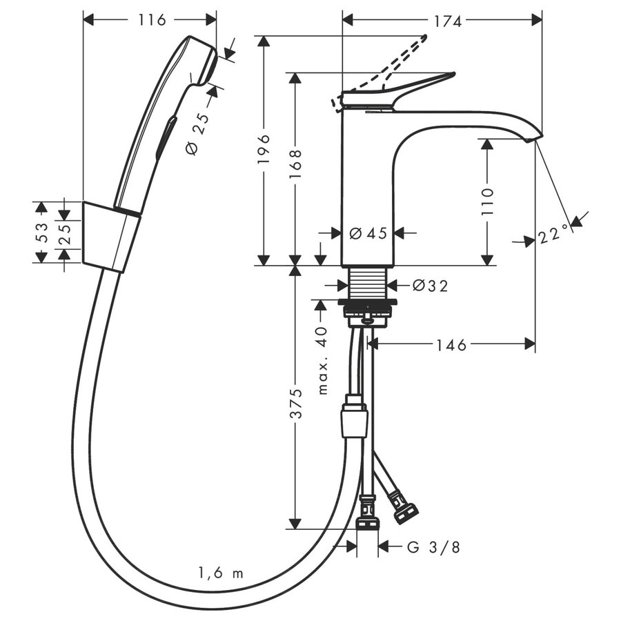 Wastafelmengkraan Hansgrohe Vivenis Bidethanddouche en Doucheslang 160 cm Chroom