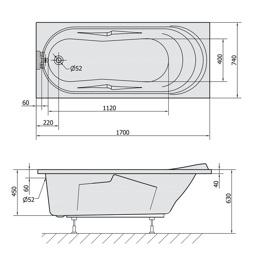 Ligbad Polysan Adriana 170x74x45 cm Acryl Wit