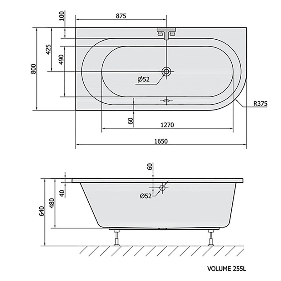 Ligbad Polysan Astra Inbouw 165x80x48 cm Asymmetrisch Links Wit