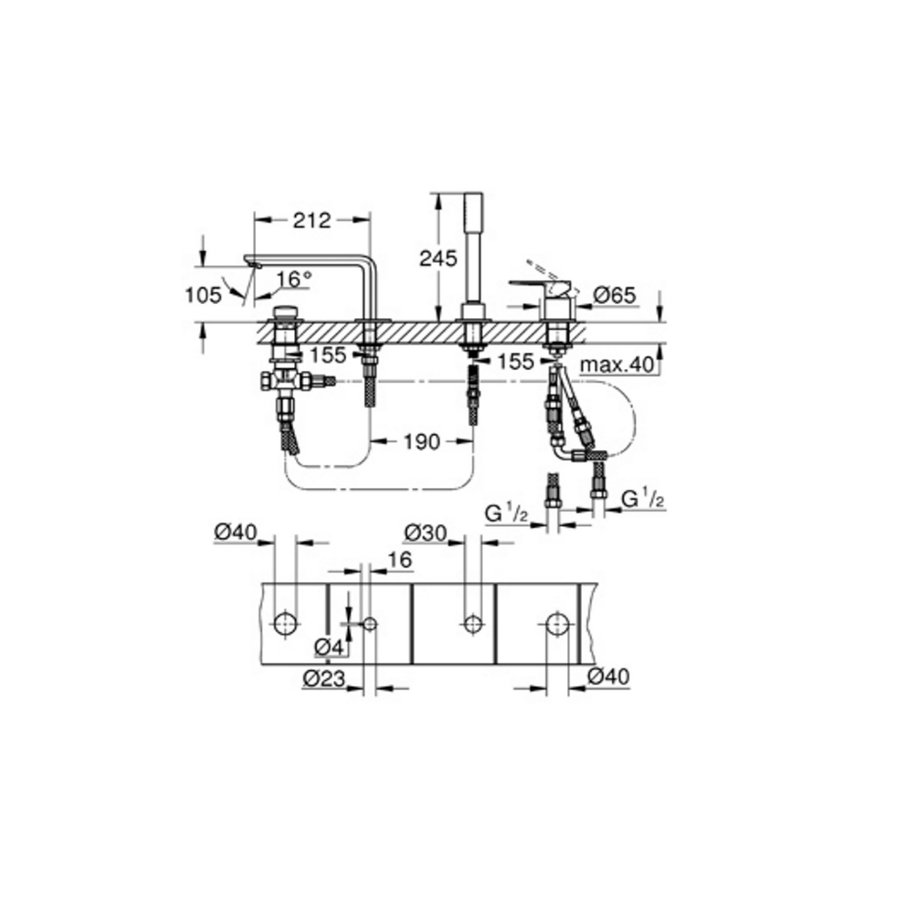 Badrandcombinatie Met Baduitloop Grohe Lineare New 4-gats Afbouwdeel Chroom