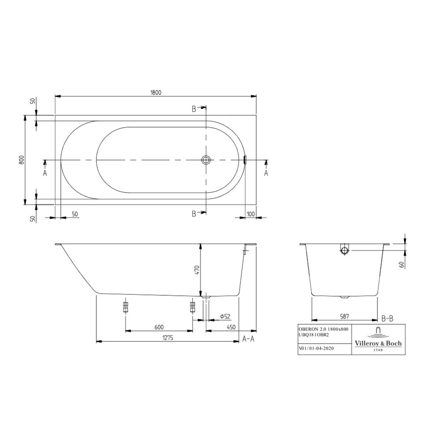 Ligbad Villeroy & Boch Oberon Quaryl 180 x 80 Met Poten Inclusief Overloopcombinatie Wit Alpin