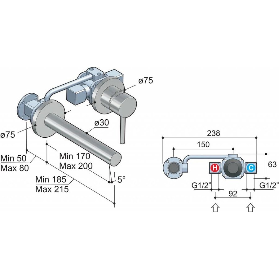 Wastafelmengkraan Hotbath Buddy Inbouw 3+3 Inbouwsysteem 1-hendel Uitloop Recht 17 cm Chroom