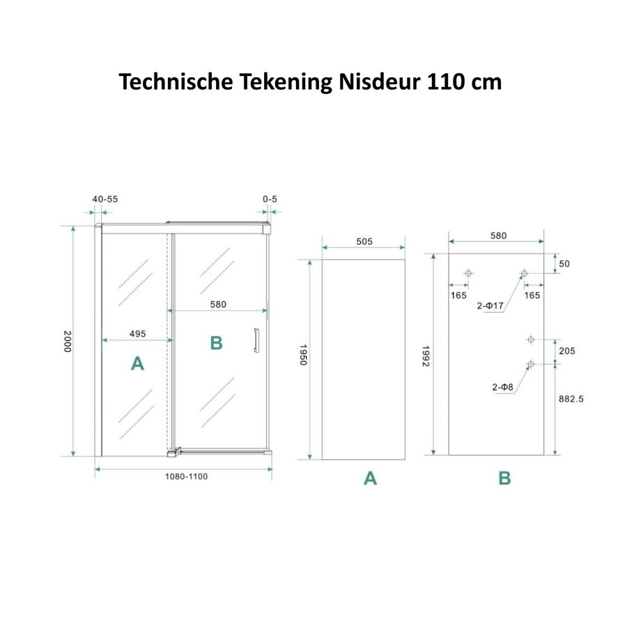 AQS Douchecabine Softclose 2.0 110 cm met Nisdeur en Zijwand 8mm Aluminium NANO Coating (alle varianten)