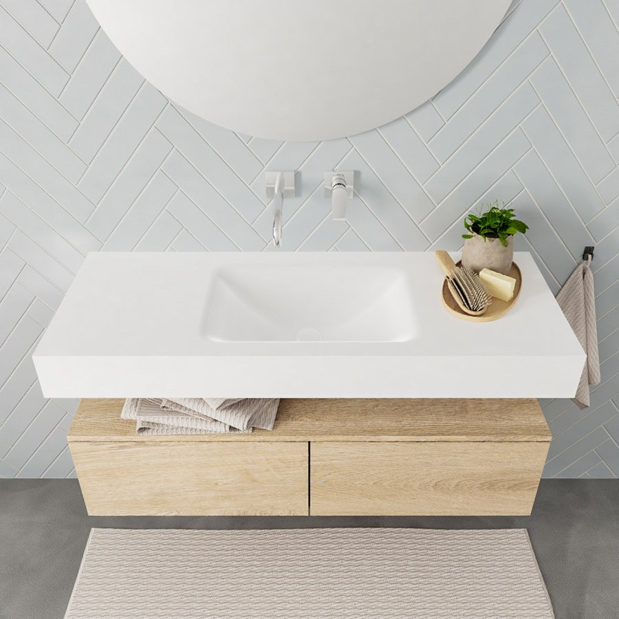 Badkamermeubel AQS Ibiza 120 cm Washed Oak Twee Soft-Close Lades Solid Surface Wastafel Mat Wit (acht varianten)