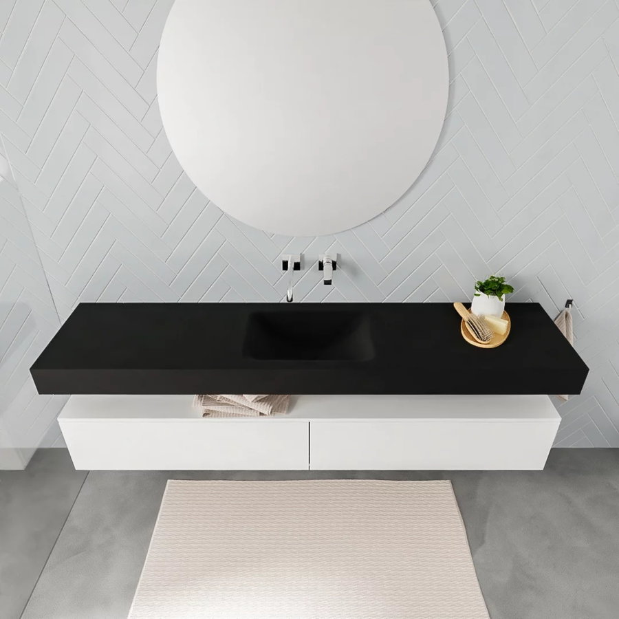 Badkamermeubel AQS Ibiza 200 cm Mat Wit Twee Soft-Close Lades Solid Surface Wastafel Mat Zwart (acht varianten)