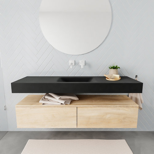 Badkamermeubel AQS Ibiza 150 cm Washed Oak Twee Soft-Close Lades Solid Surface Wastafel Mat Zwart (acht varianten) 