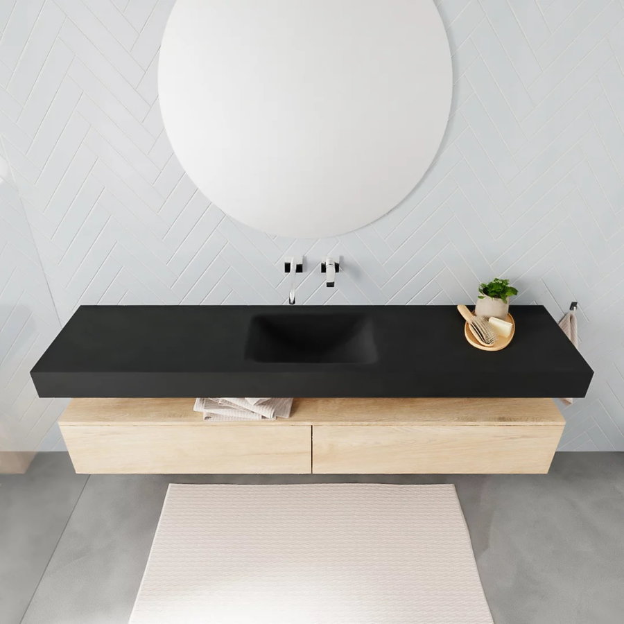 Badkamermeubel AQS Ibiza 200 cm Washed Oak Twee Soft-Close Lades Solid Surface Wastafel Mat Zwart (acht varianten)