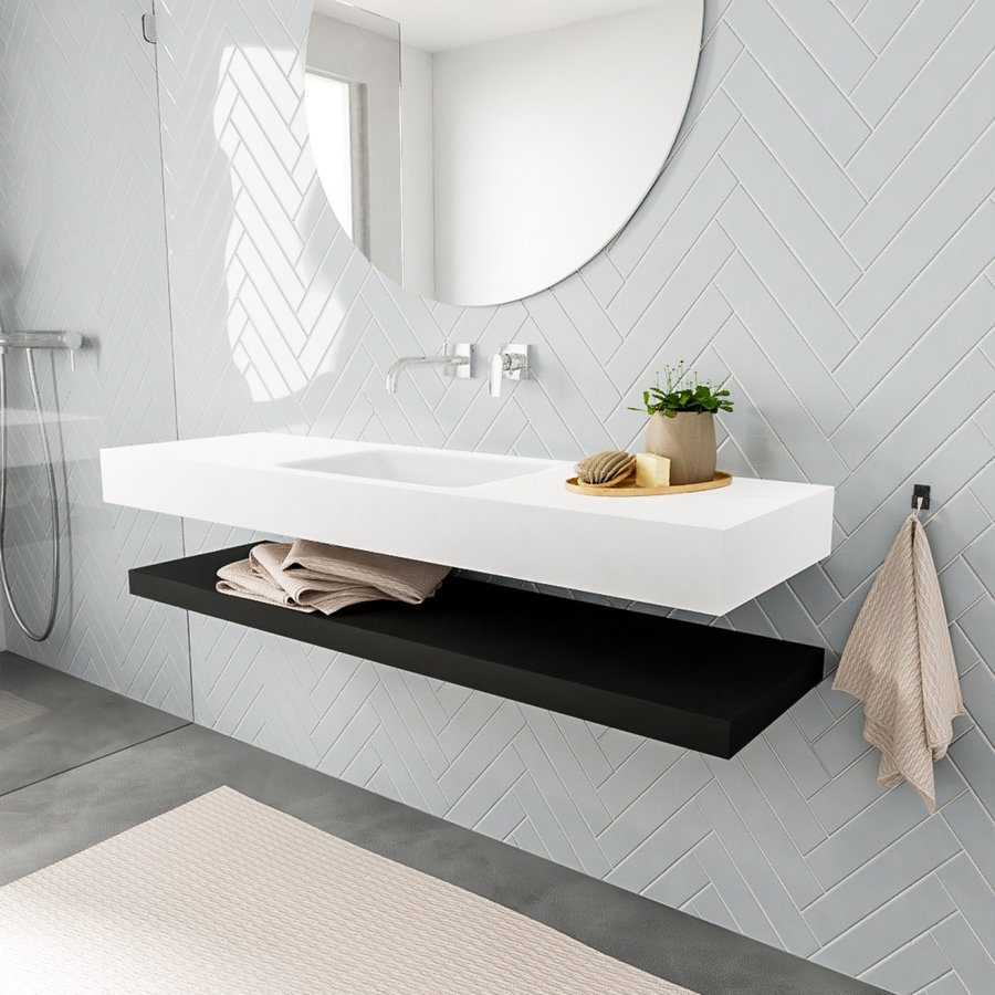 Badkamermeubel AQS Ibiza 150 cm met Mat Zwart Planchet Solid Surface Wastafel Mat Wit (acht varianten)