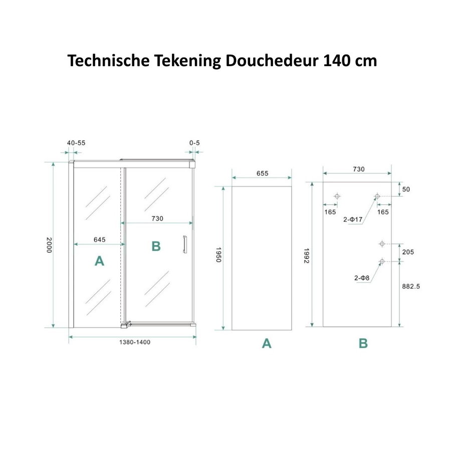 AQS Douchecabine Softclose 2.0 140 cm met Nisdeur en Zijwand 8mm Aluminium NANO Coating (alle varianten)