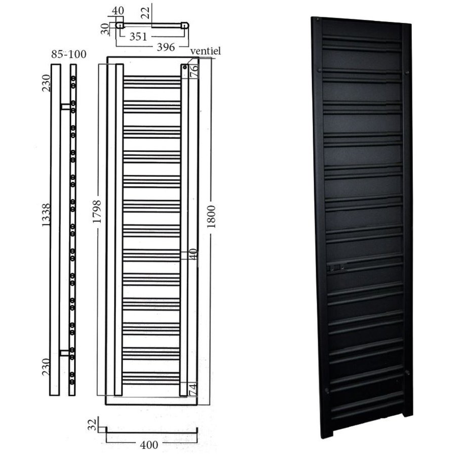 Designradiator Sanicare Denso 180x40 Mat Zwart Inclusief Ophanging 948 Watt (onderzijde aansluiting)