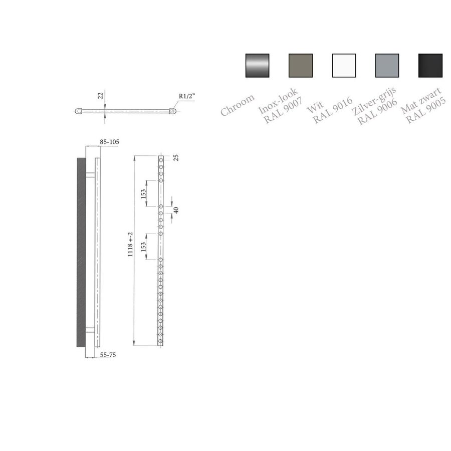 Elektrische Design Radiator Sanicare Plug En Play 111,8 x 60 cm Inox Look Thermostaat Zwart 730 Watt