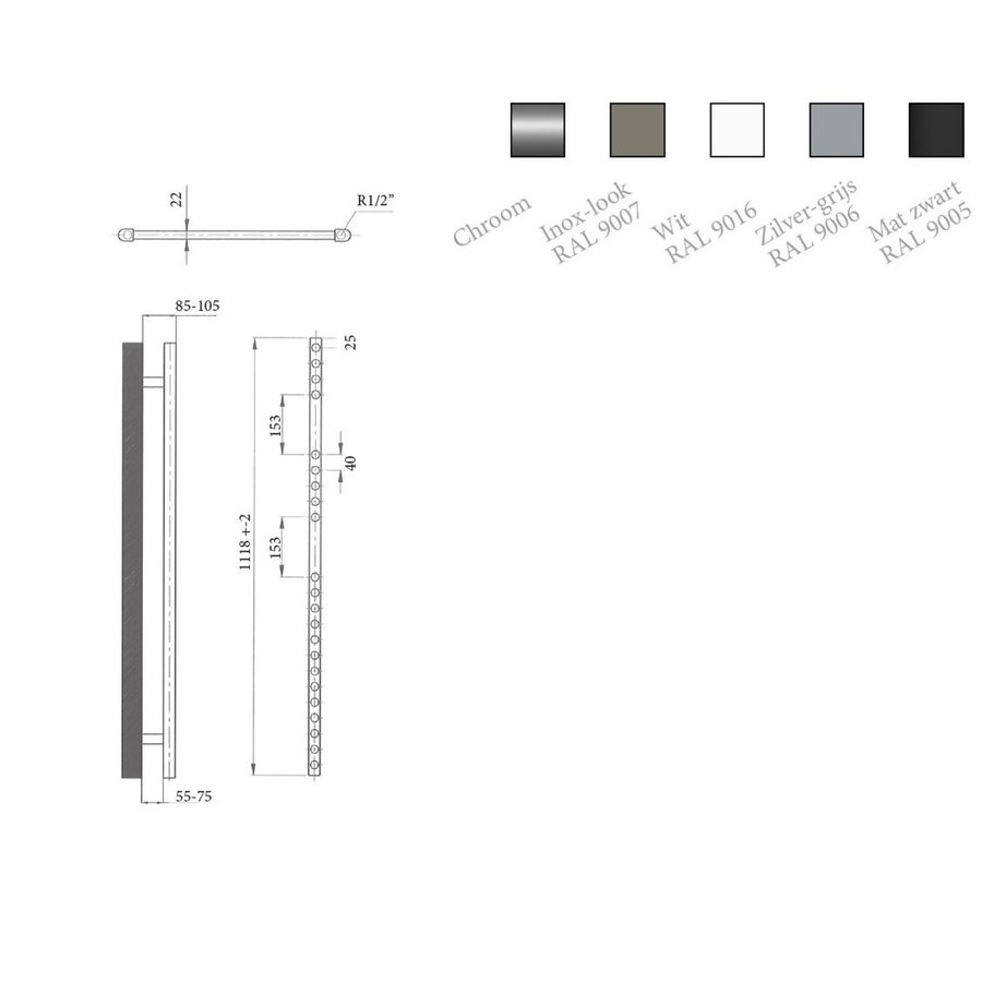 Elektrische Design Radiator Sanicare Plug En Play 111,8 x 60 cm Mat Zwart Thermostaat Zwart 730 Watt