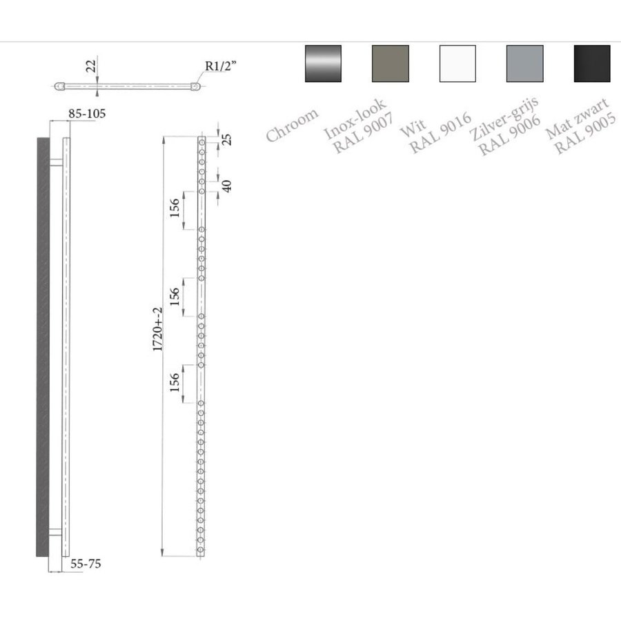 Elektrische Design Radiator Sanicare Plug En Play 172 x 45 cm Mat Zwart Thermostaat Chroom 920 Watt