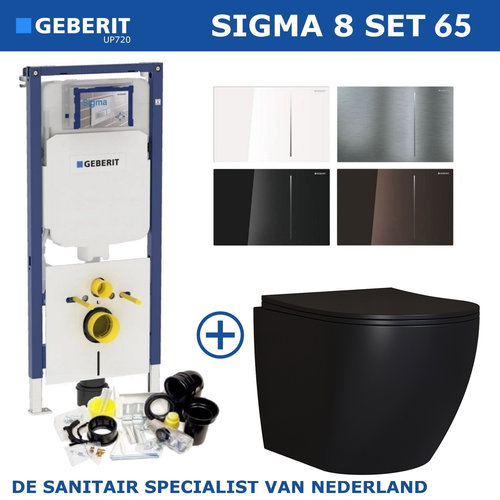 Geberit Sigma 8 (UP720) Toiletset set65 Mudo Rimless Mat Zwart Met Sigma 70 Drukplaat 