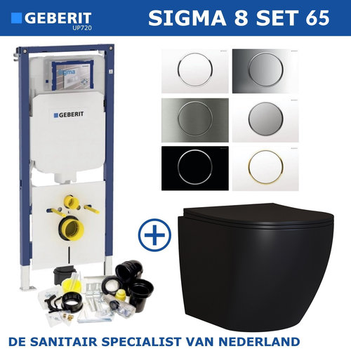 Geberit Sigma 8 (UP720) Toiletset set65 Mudo Rimless Mat Zwart Met Sigma 10 Drukplaat 