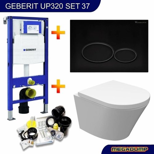 UP320 Toiletset 37 Aqua Splash Vesta Junior Rimless 47cm Met Matzwarte Drukplaat 