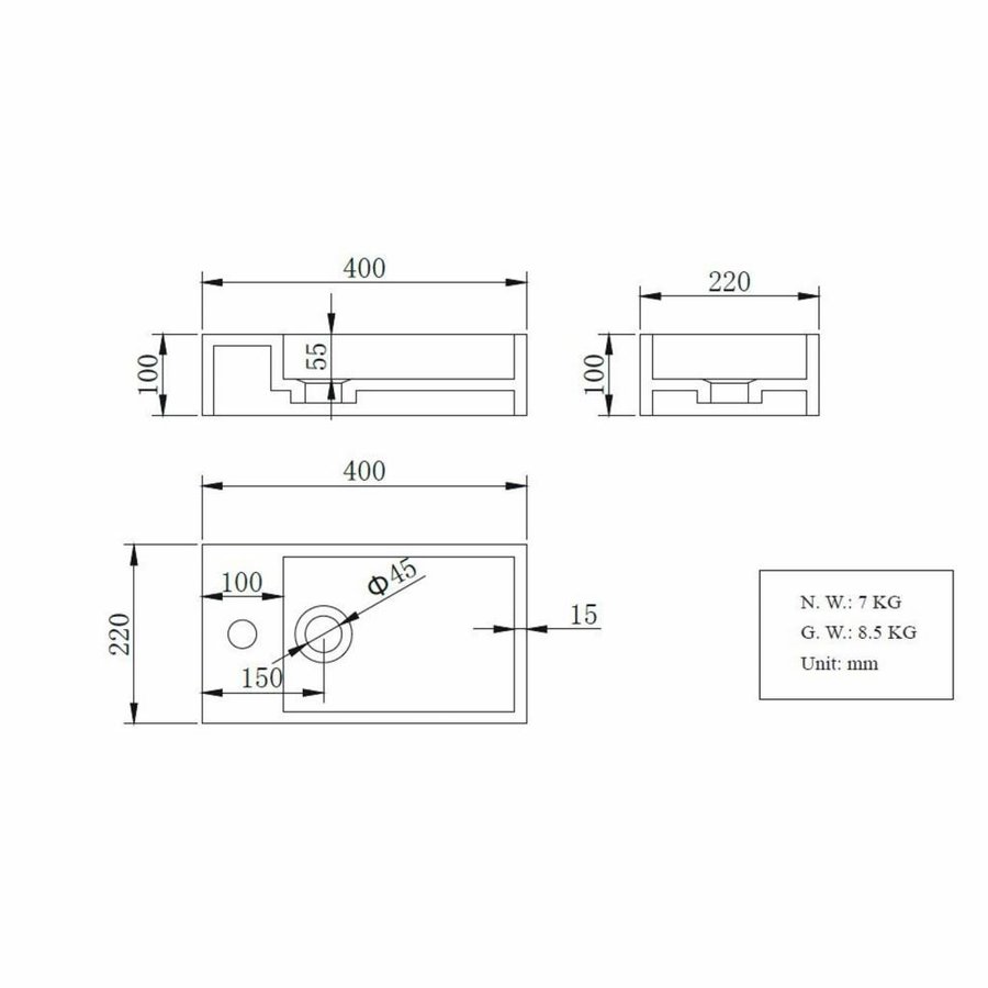 Fonteinpack Solid Surface Rechts Mat Wit 40x22x10 cm (Keuze uit 4 zwarte kranen)