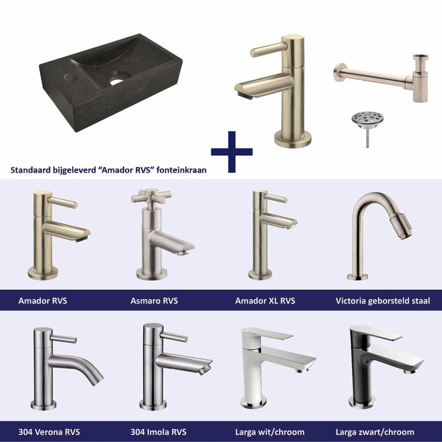 Fonteinset Natuursteen Links 36X18X9 Cm Rvs (Keuze Uit 8 Kranen)