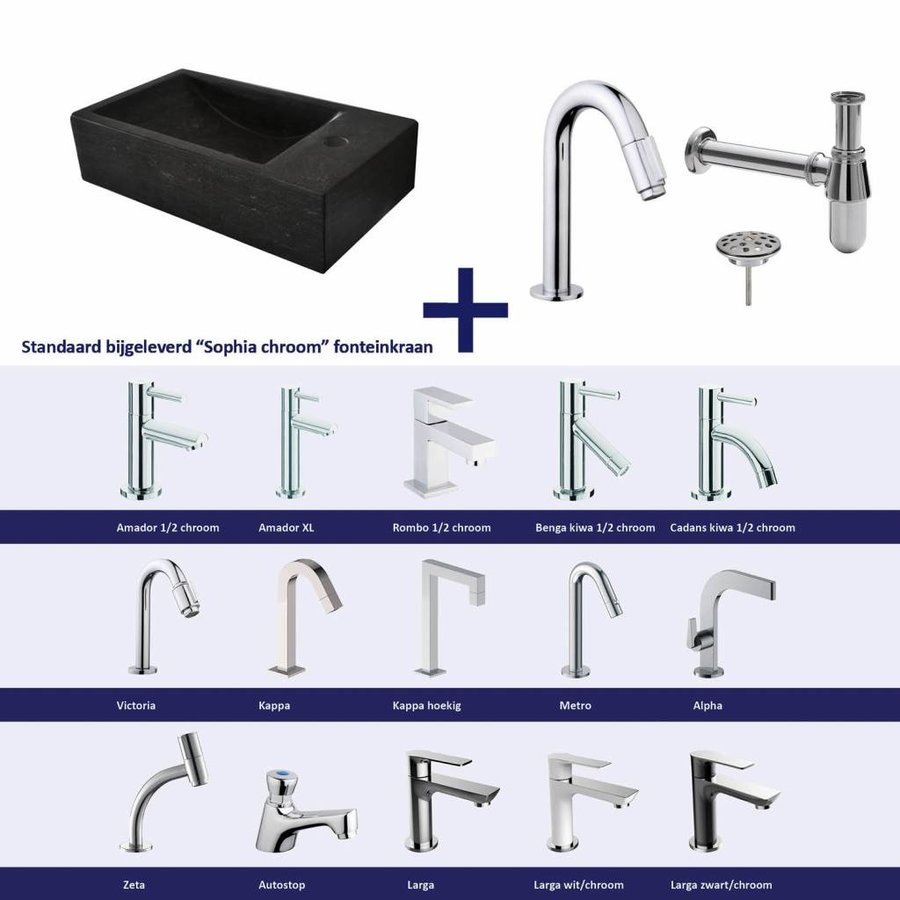 Fonteinset Cura Natuursteen Rechts 40X22X10 Cm Chroom (Keuze Uit 20 Kranen)