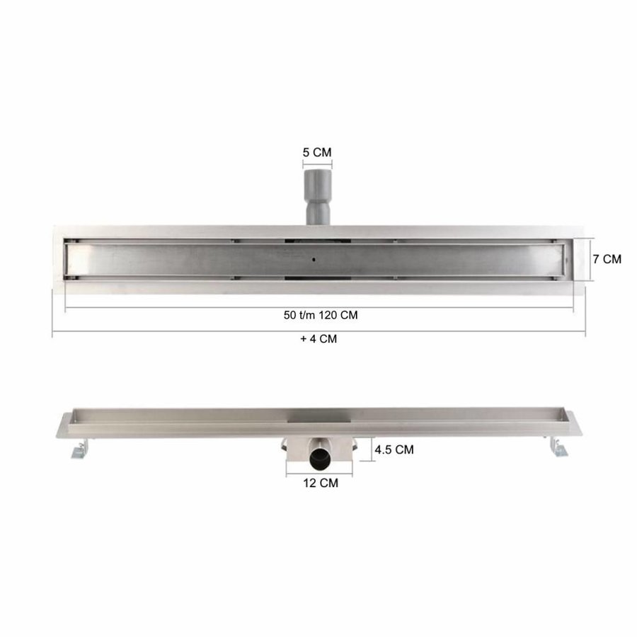 RVS Douchegoot Met los sifon en GLAS rooster 7cm breed (50 t/m 110cm)