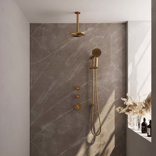 Regendoucheset Inbouw Brauer Gold Edition Thermostatisch 20cm met Plafondarm, Glijstang en Handdouche 3-Standen Losse Stopkranen Geborsteld Goud 