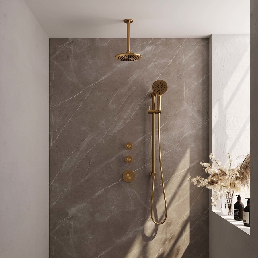 Regendoucheset Inbouw Brauer Gold Edition Thermostatisch 20cm met Plafondarm, Glijstang en Handdouche 3-Standen Losse Stopkranen Geborsteld Goud